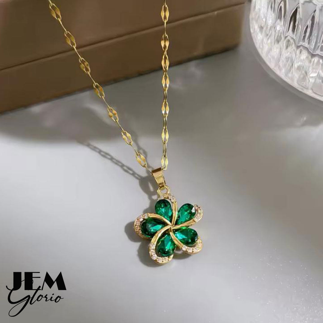 DIEYURO 316L Stainless Steel Green Zircon Flowers Pendant Necklace